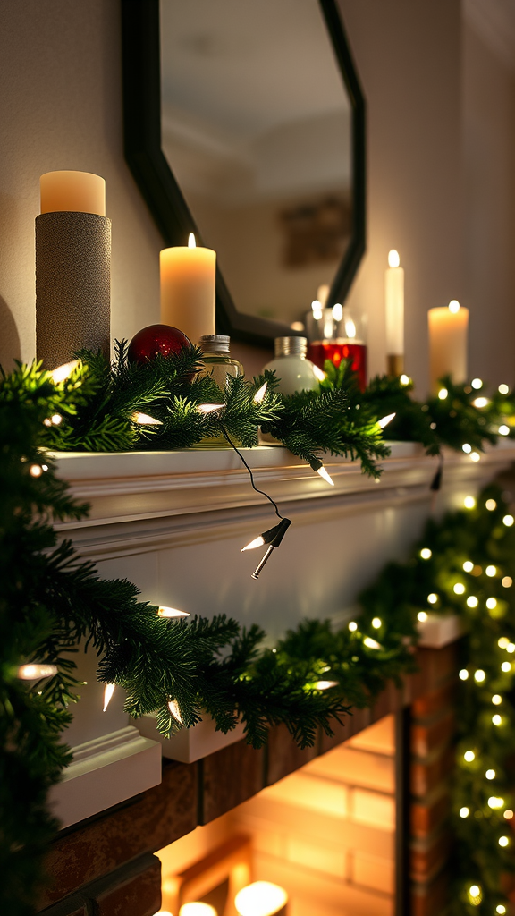 A rustic Christmas mantle decorated with garlands and warm string lights, featuring various candles.