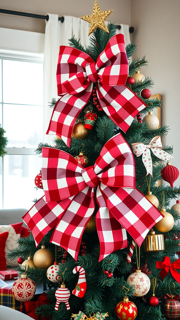 A beautifully decorated Buffalo plaid Christmas tree with red and white bows and colorful ornaments.