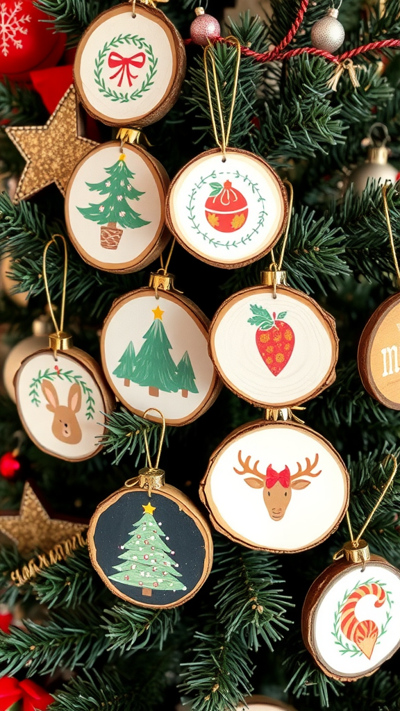 A collection of handmade wood slice ornaments hanging on a Christmas tree, featuring colorful holiday designs.