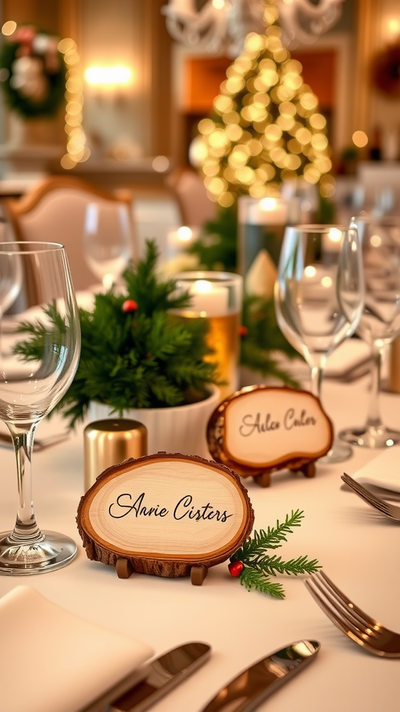 A festive table setting featuring wood slice place cards with names, decorated for Christmas.