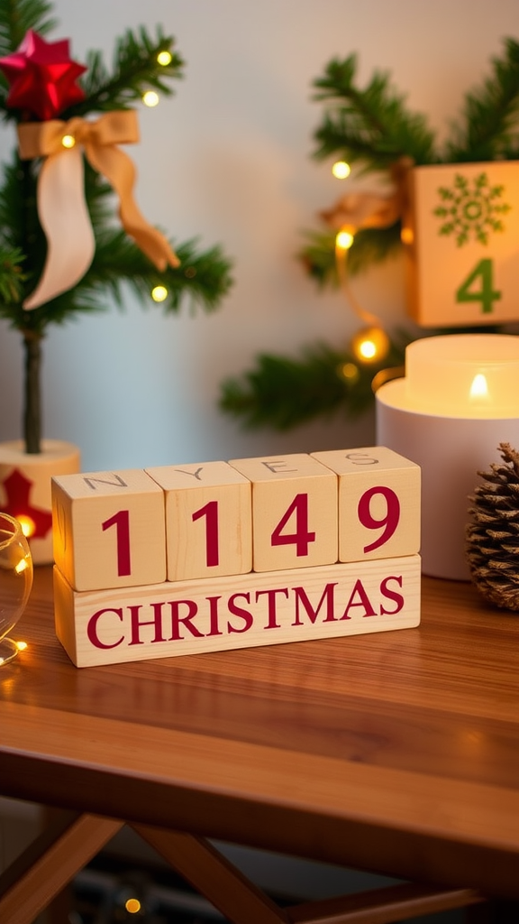 A wooden block countdown timer displaying 'CHRISTMAS' and a number, with festive decorations in the background.