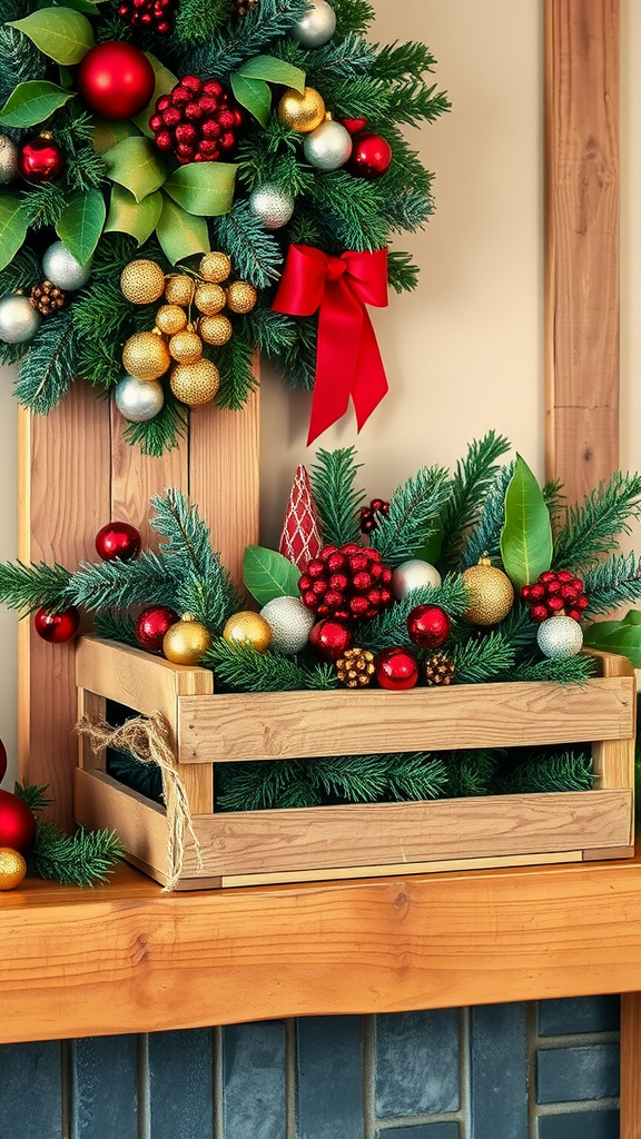 Wooden crate filled with festive greenery and ornaments on a Christmas mantle