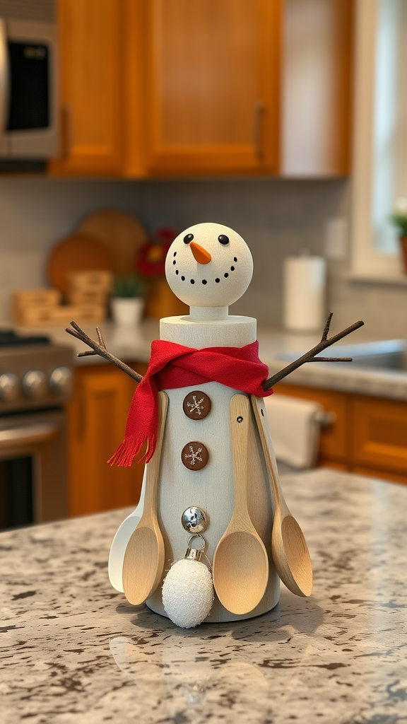 A wooden spoon snowman decorated with a red scarf and wooden utensils