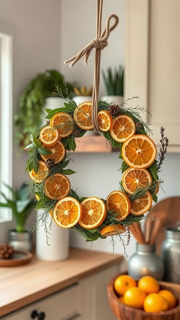 A decorative wreath made of dried orange slices and greenery, hanging in a cozy kitchen setting.