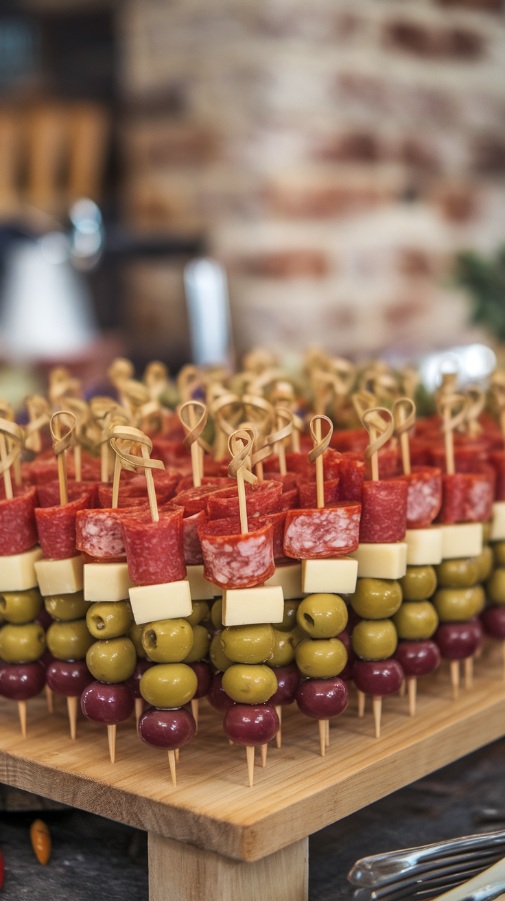 A variety of antipasto skewers featuring meats, cheeses, and olives arranged on a wooden board.