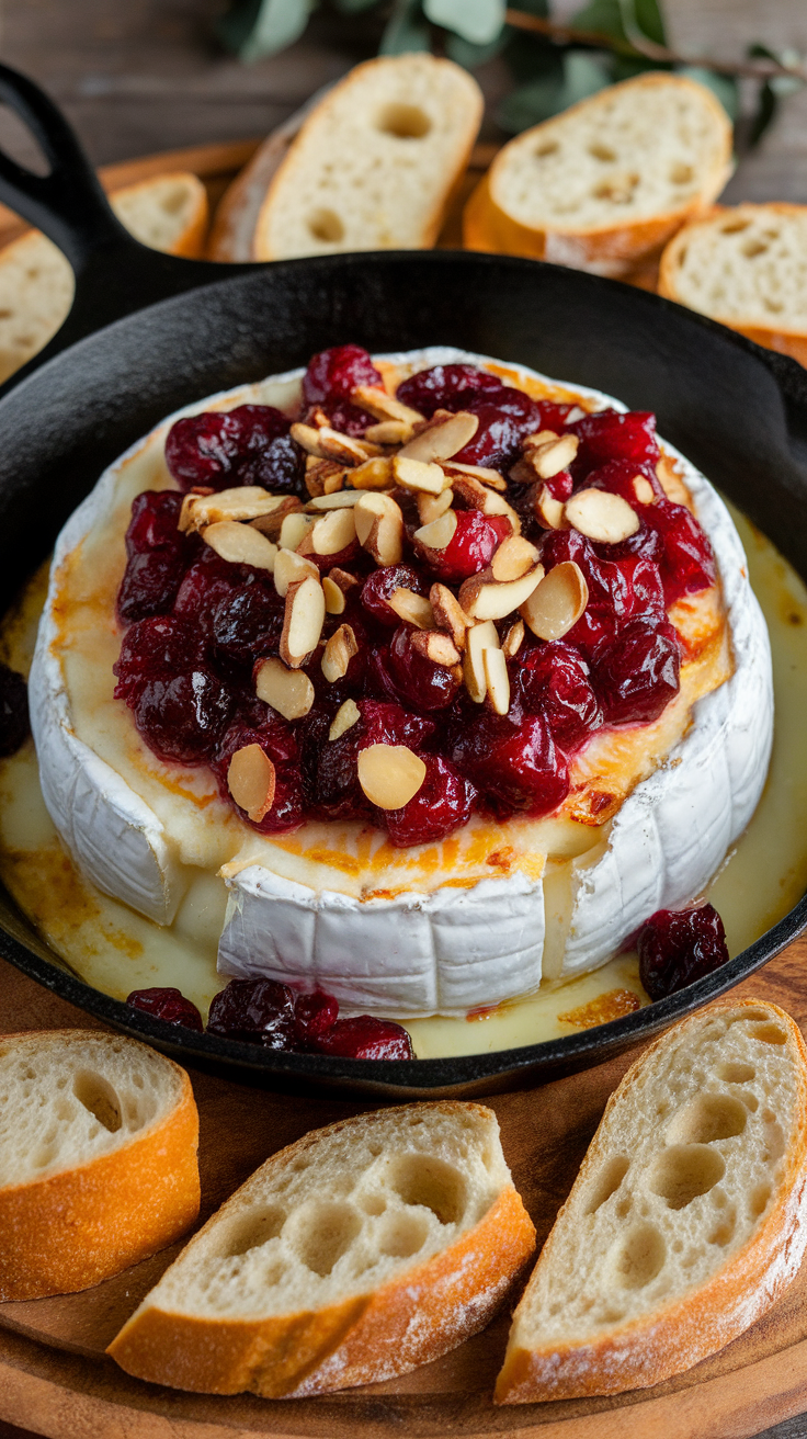 A warm baked Brie topped with cranberries and almonds, served with slices of baguette.