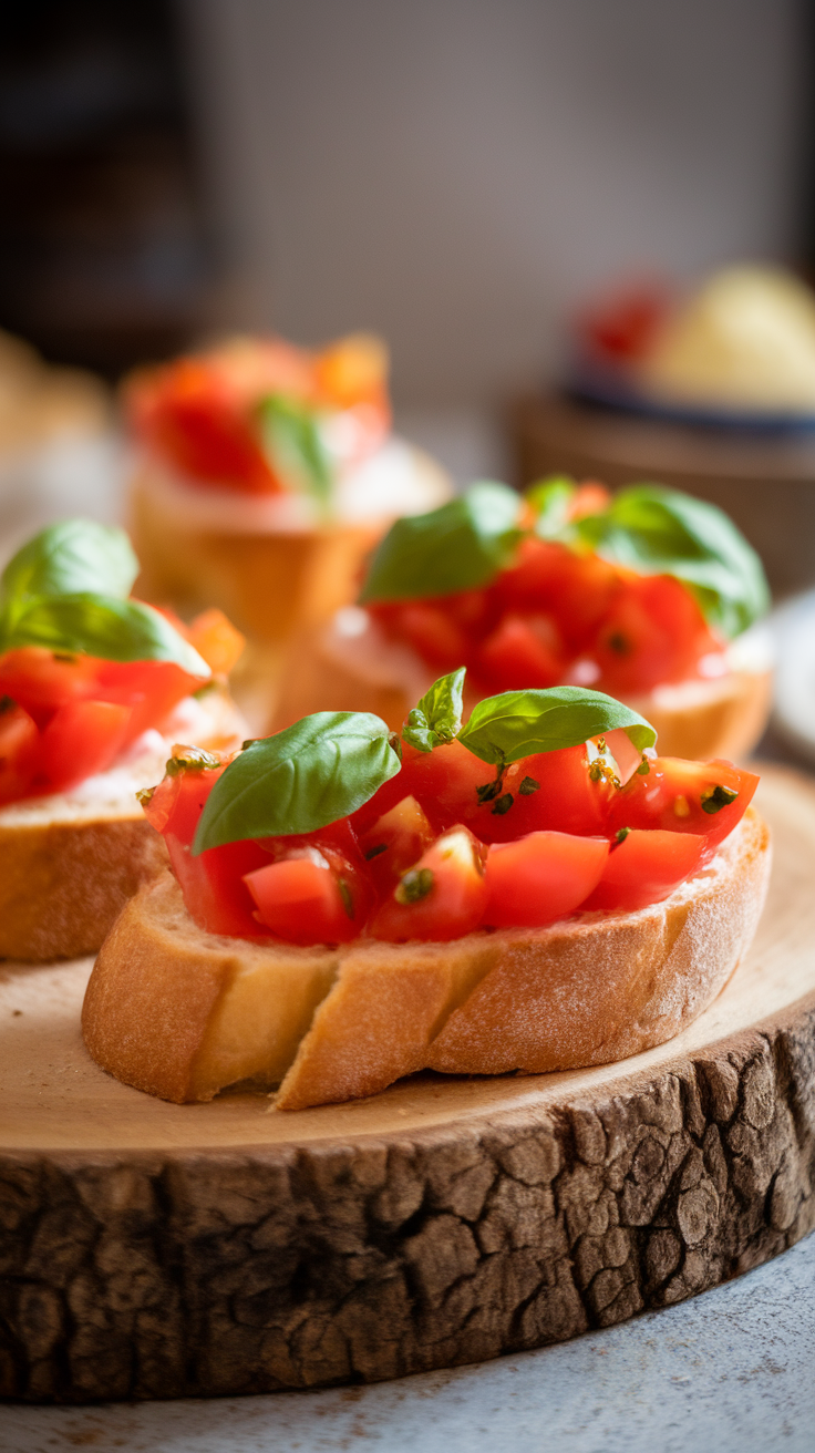 Bruschetta topped with diced tomatoes and basil on a wooden board