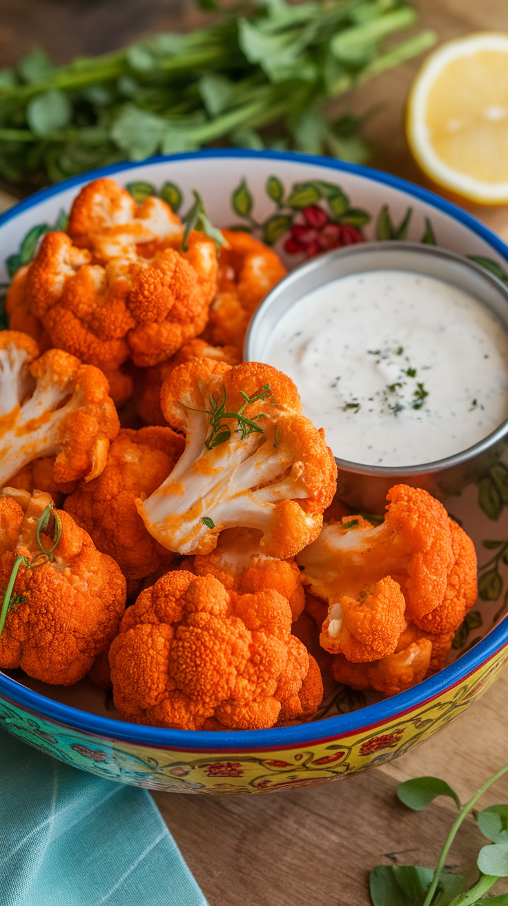 A bowl of Buffalo Cauliflower Bites with a creamy dipping sauce.