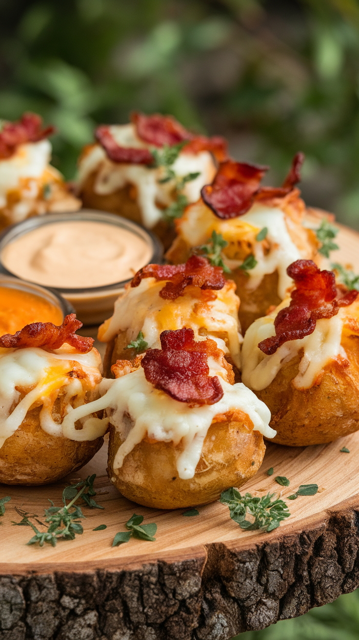 Delicious cheesy bacon potato bites topped with crispy bacon and served with dipping sauces on a wooden platter.