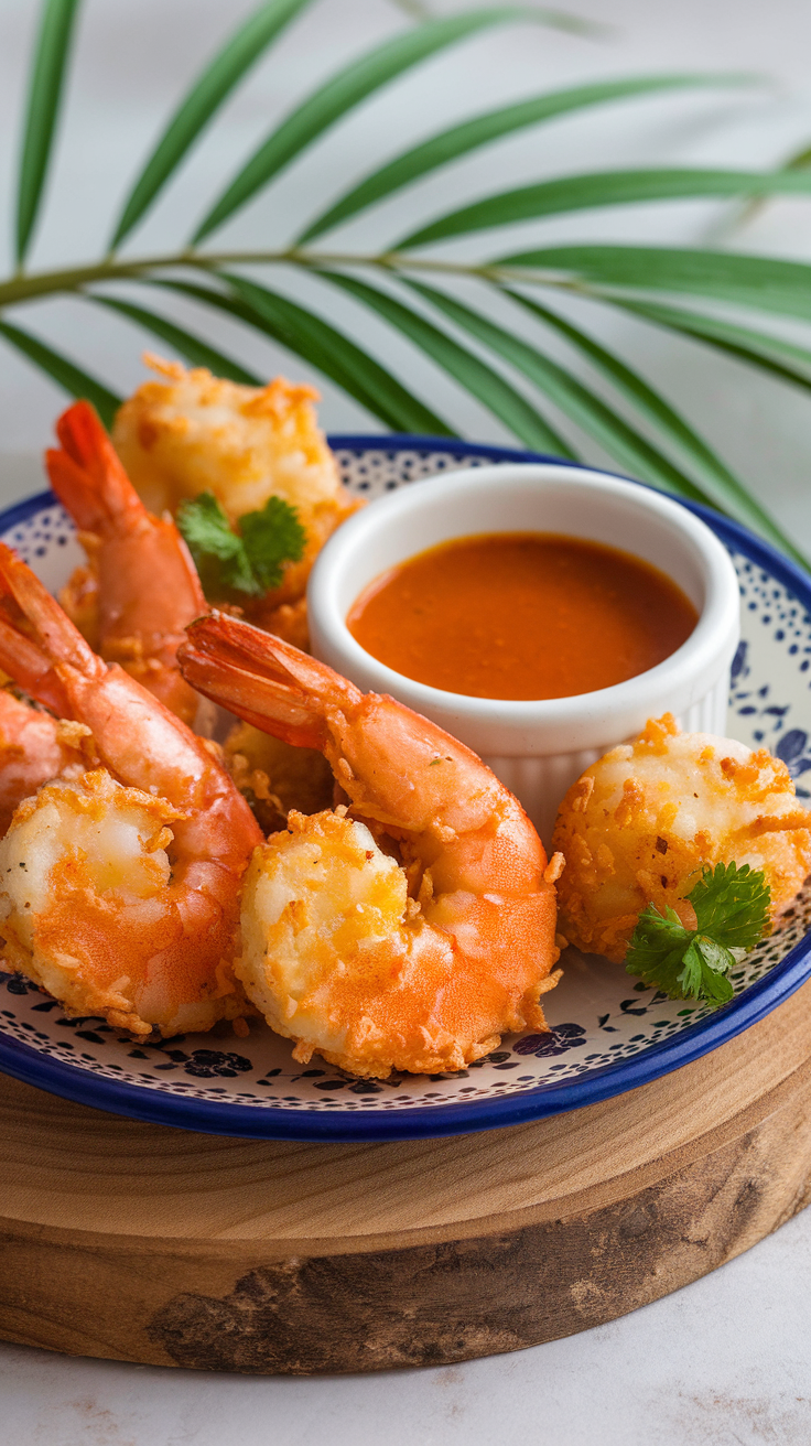 Plate of crispy coconut shrimp with dipping sauce and garnish