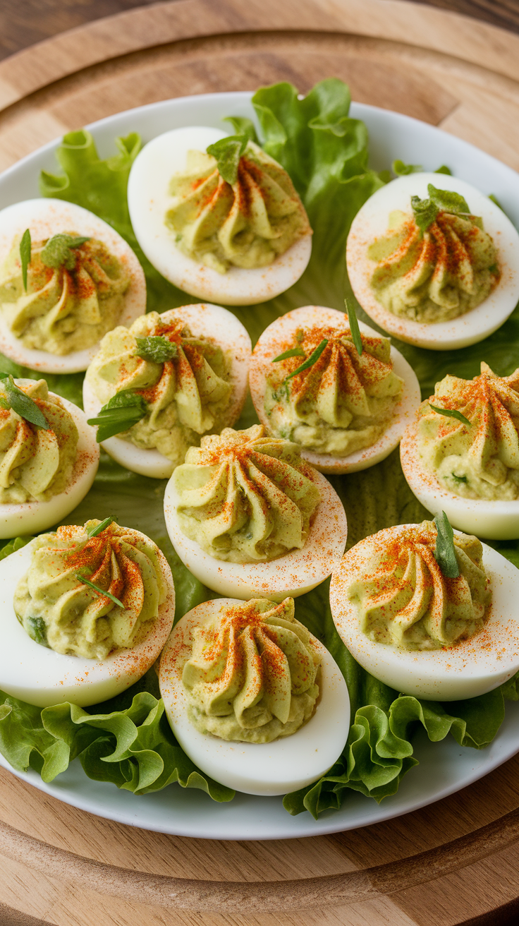 A plate of deviled eggs with avocado filling, garnished with paprika and chives, served on lettuce.