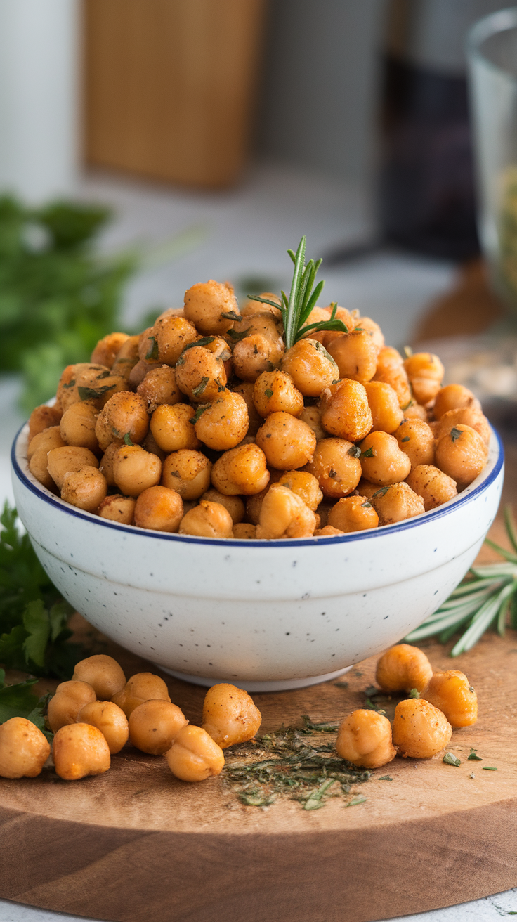 A bowl of garlic parmesan roasted chickpeas on a wooden board, garnished with herbs.