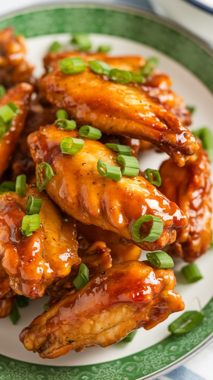 A plate of honey garlic chicken wings topped with green onions