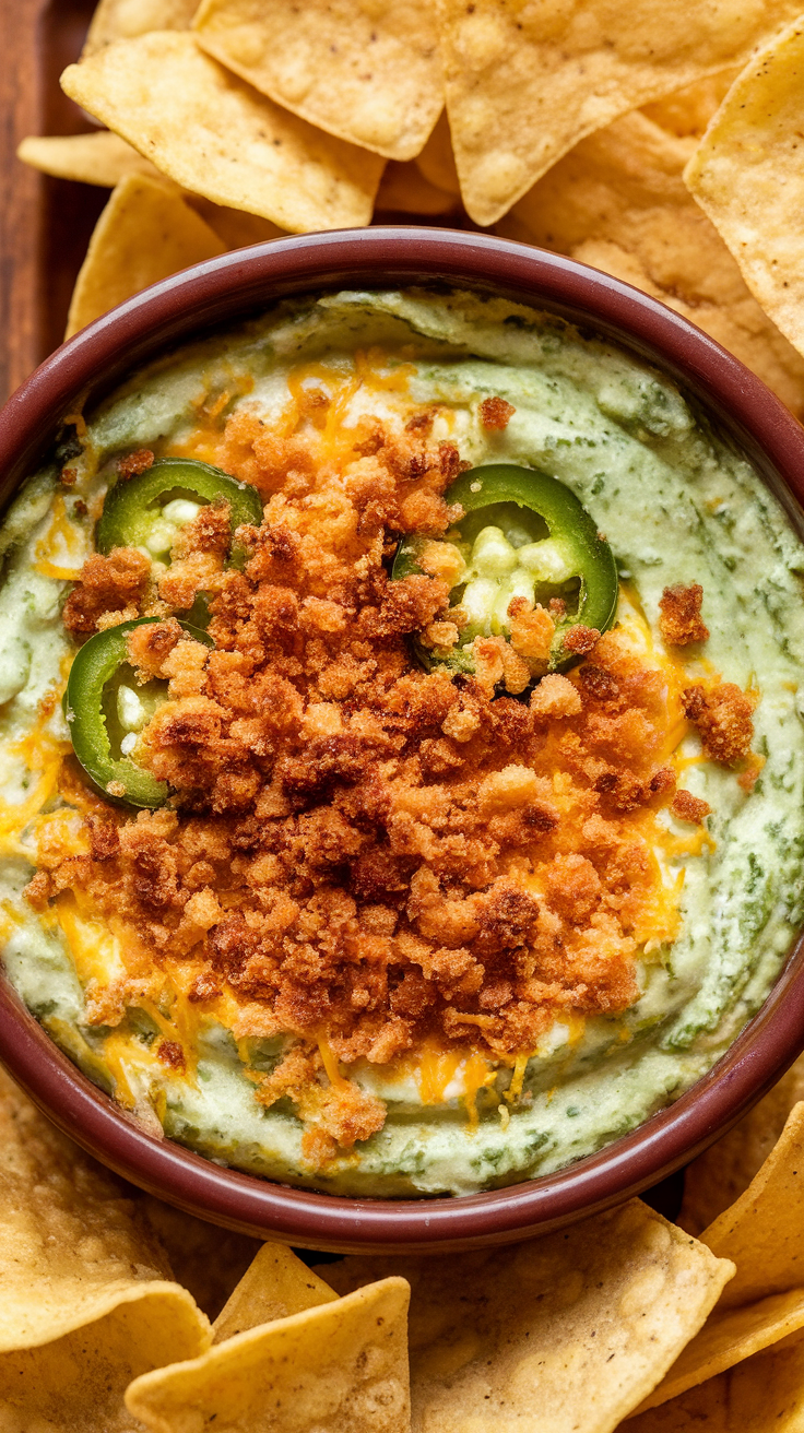 A bowl of jalapeño popper dip topped with breadcrumbs and jalapeño slices, surrounded by tortilla chips.