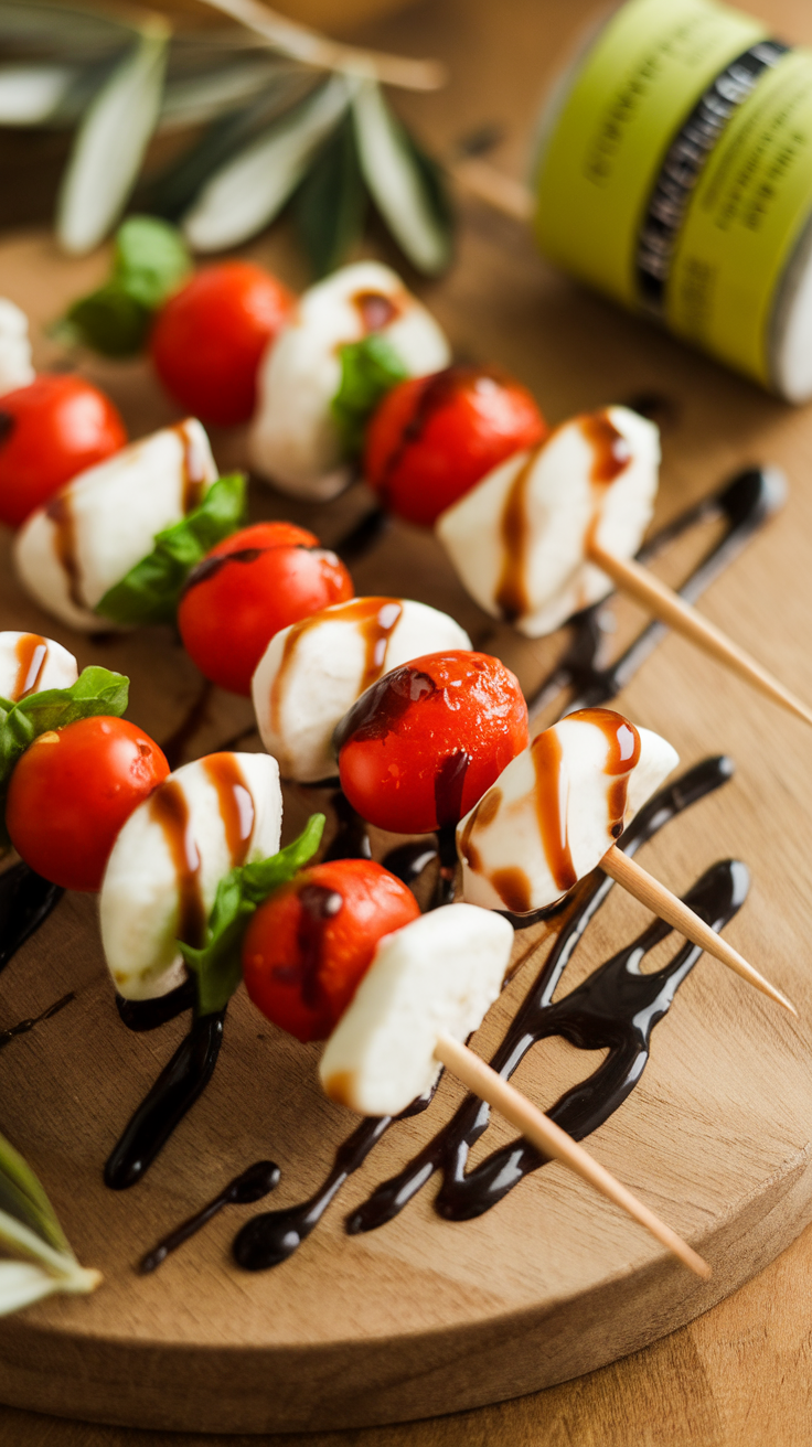 Mini Caprese skewers with cherry tomatoes, mozzarella, and basil on a wooden platter.