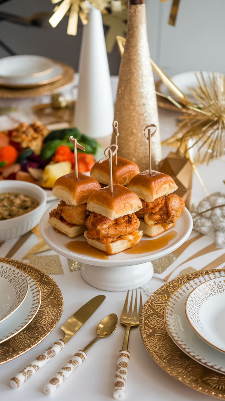 A beautiful presentation of mini chicken and waffle sliders on a white cake stand, surrounded by festive tableware.