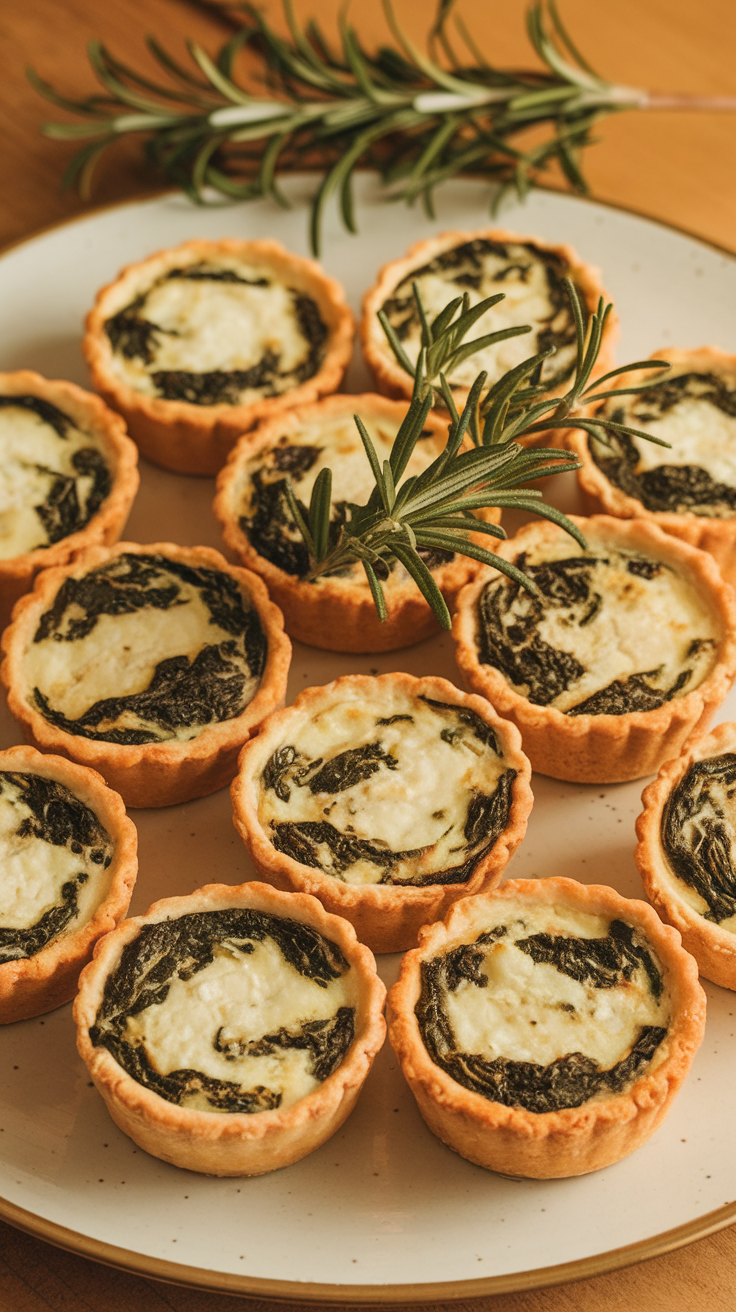 Mini quiches with spinach and feta arranged on a plate