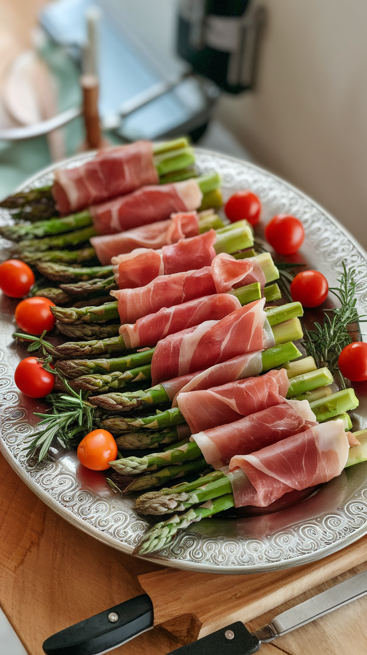 A platter of prosciutto-wrapped asparagus garnished with cherry tomatoes and rosemary