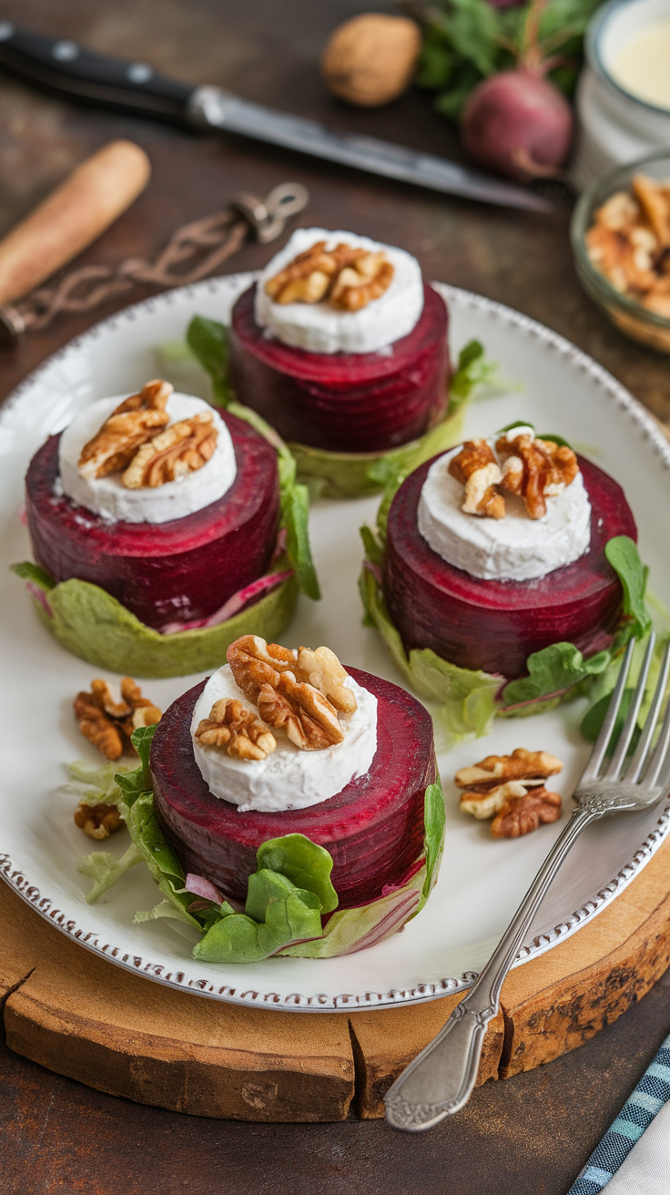 Plate of roasted beet and goat cheese salad bites topped with walnuts