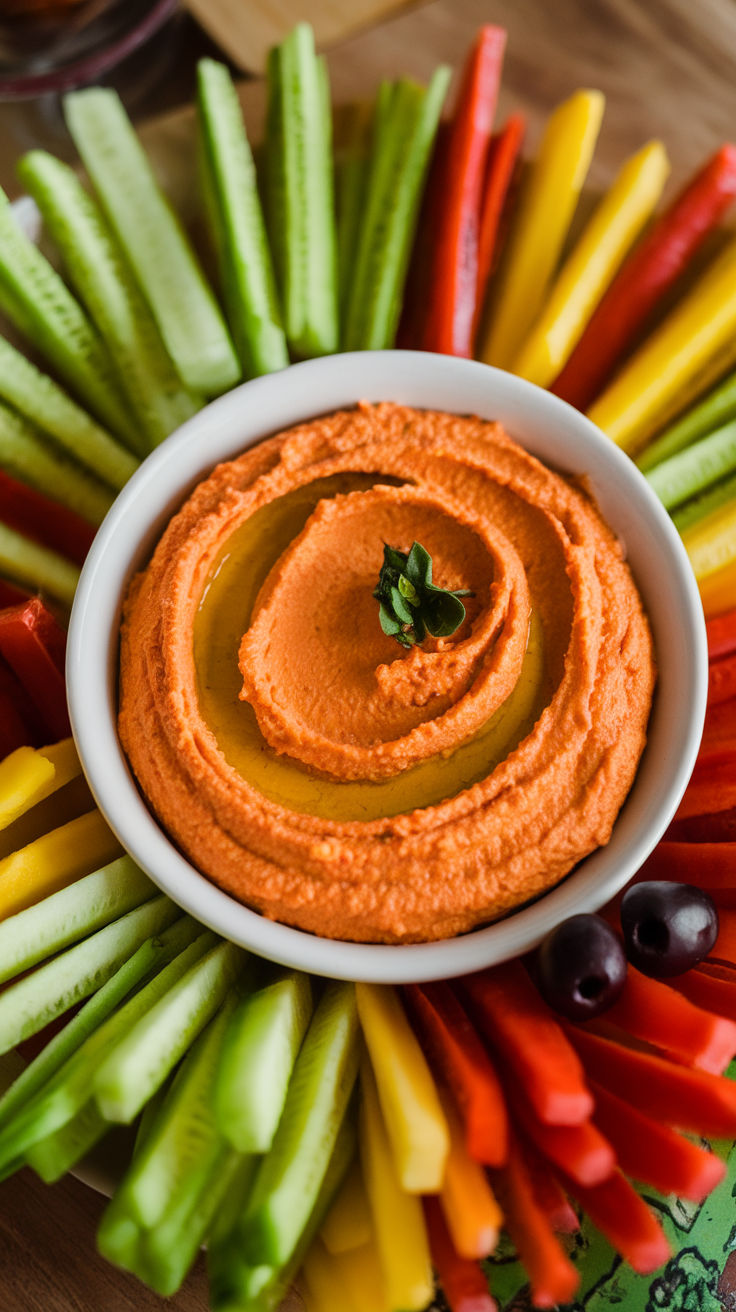 A bowl of roasted red pepper hummus surrounded by colorful vegetable sticks.