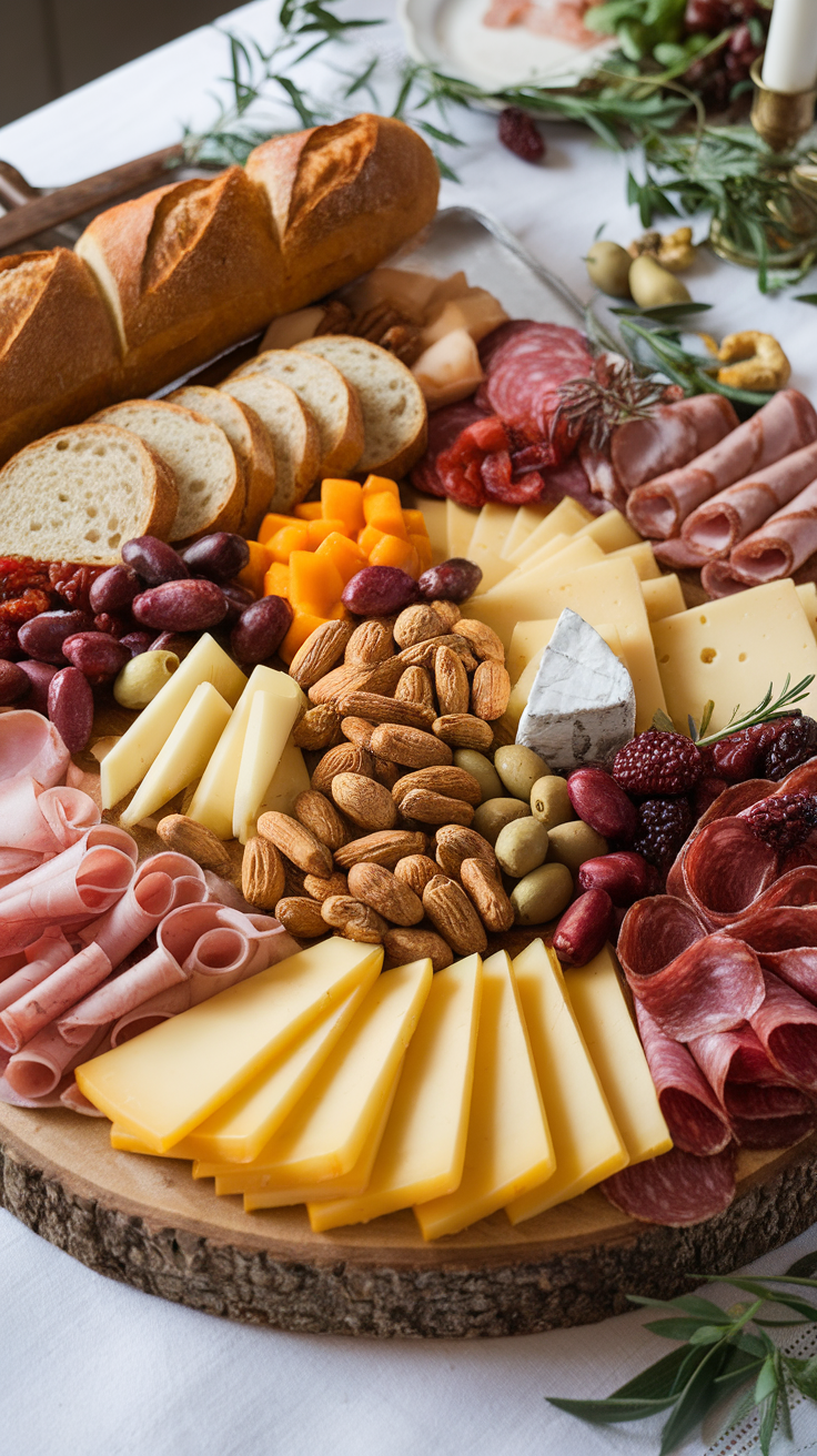 A beautifully arranged cheese and charcuterie board with various cheeses, cured meats, nuts, olives, and sliced baguette.