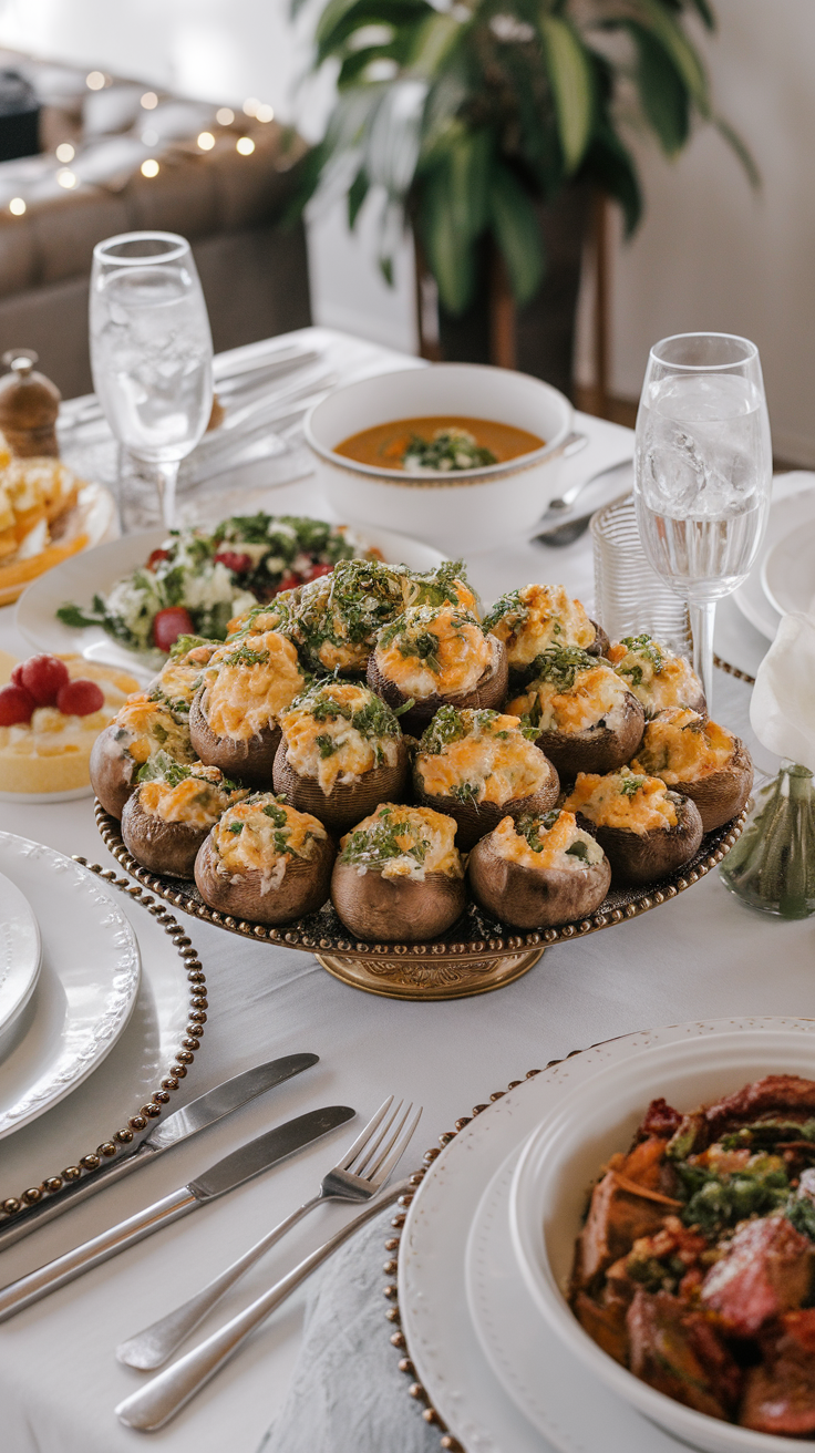 A platter of savory stuffed mushrooms as a New Year's Eve appetizer, beautifully arranged and ready to be served.