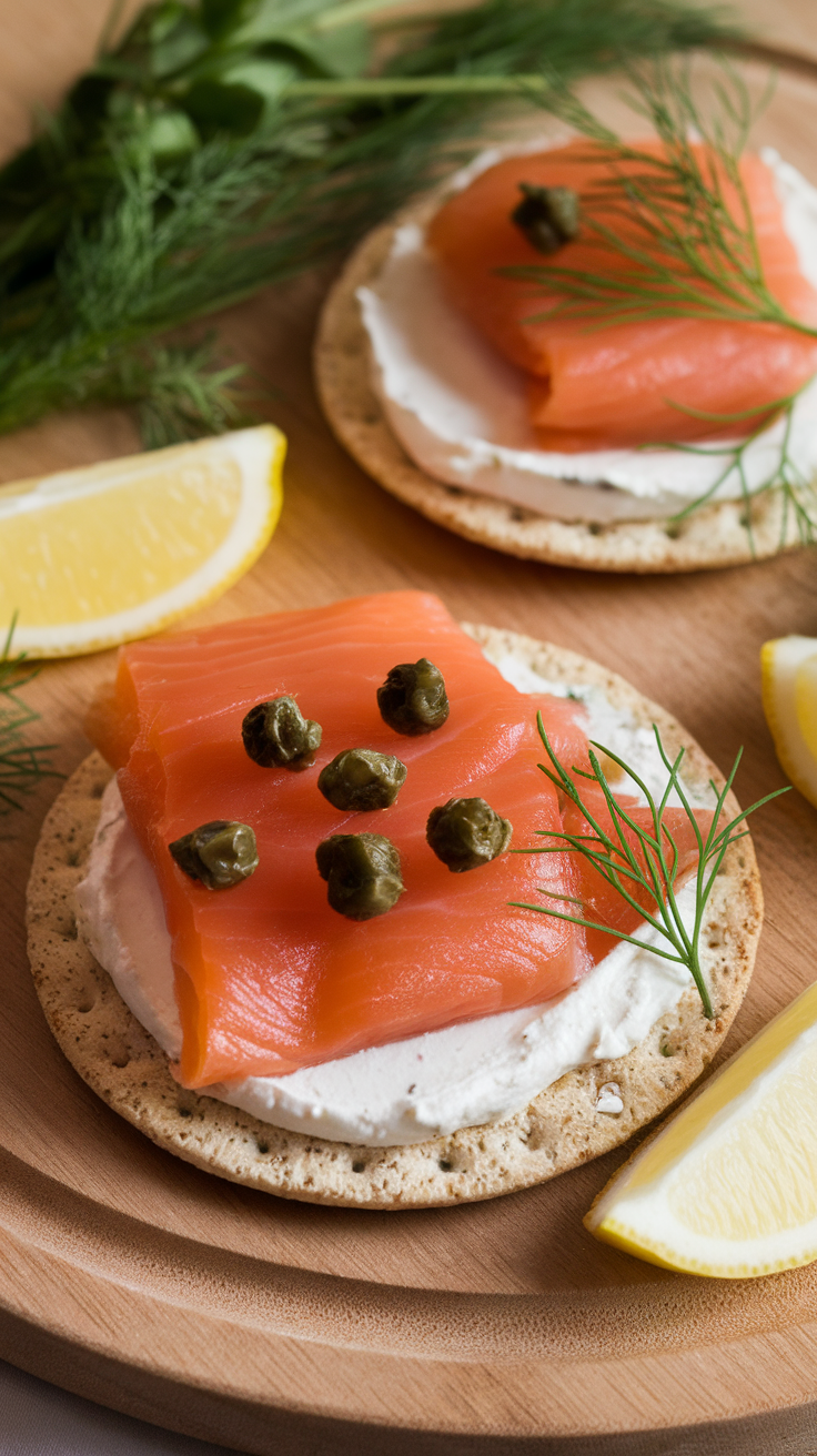 A platter of smoked salmon and cream cheese bites with capers and dill, served with lemon wedges.