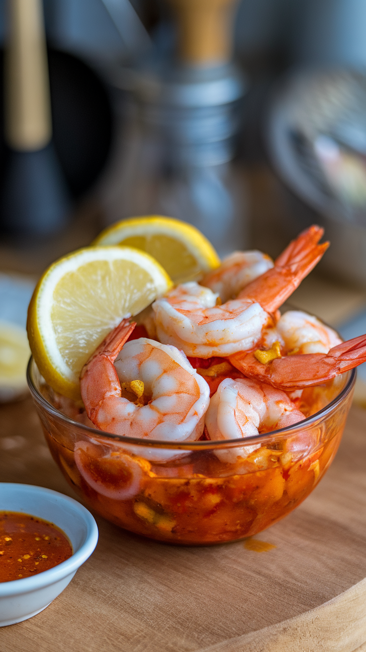 A bowl of spicy shrimp cocktail garnished with lemon slices