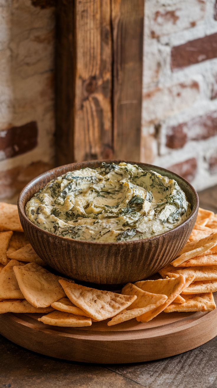 A bowl of spinach artichoke dip surrounded by pita chips on a wooden platter.