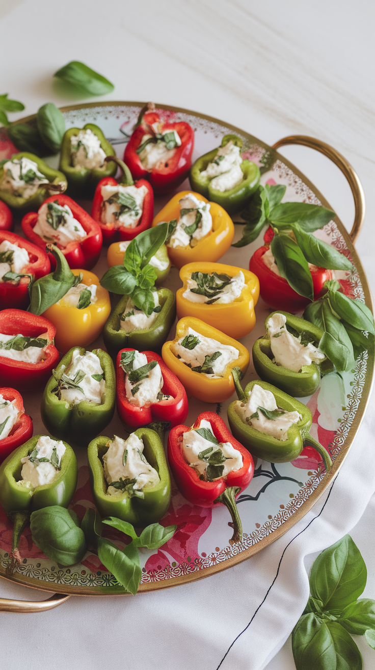 A platter of stuffed mini peppers filled with cream cheese and herbs, garnished with fresh basil.