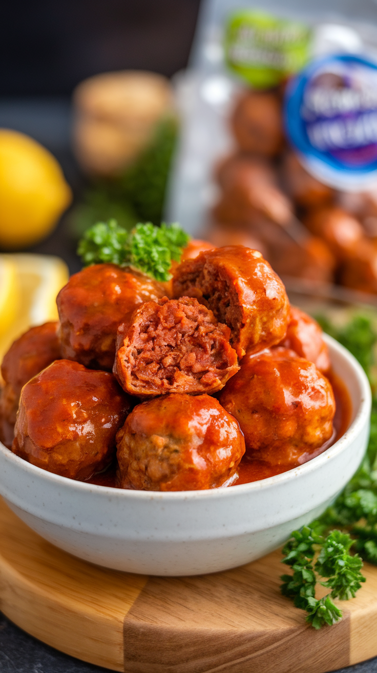 A bowl of sweet and spicy meatballs, with some cut open to show the inside, garnished with parsley.