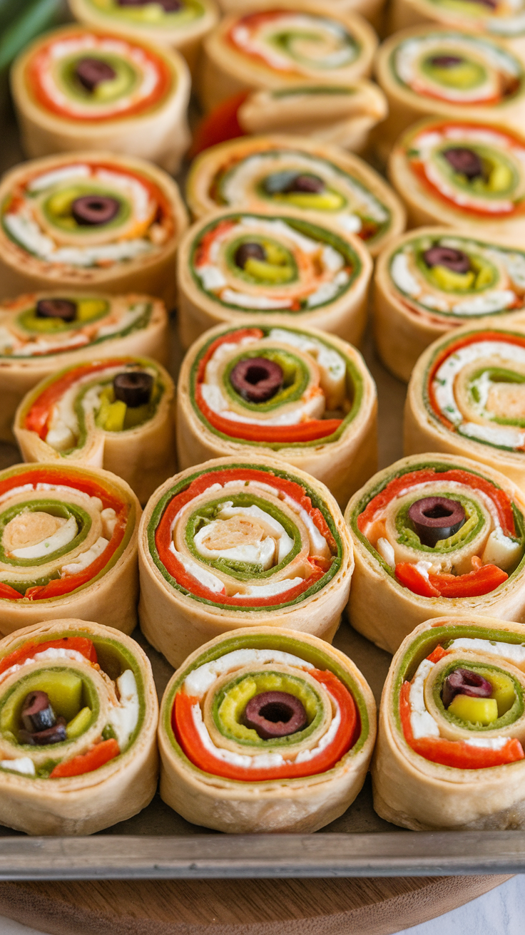 A platter of colorful tortilla pinwheels with cream cheese and vegetables