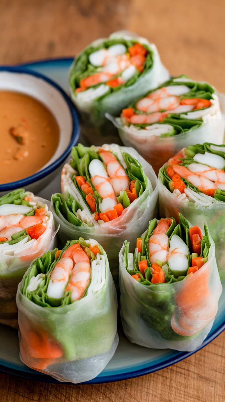 Vietnamese spring rolls on a plate with a bowl of dipping sauce