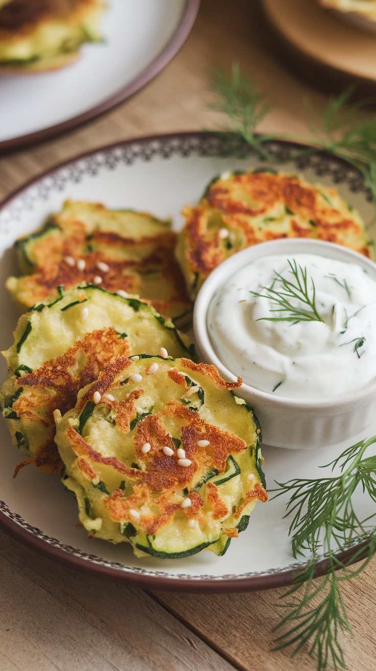 Delicious zucchini fritters served with a creamy yogurt dip, garnished with fresh dill.